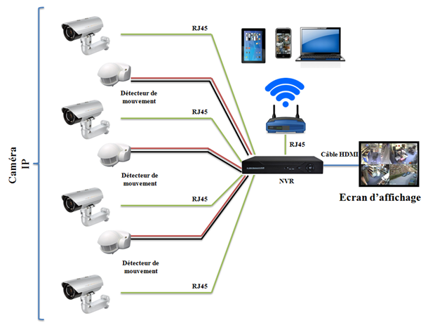 système IP vidéo surveillance avec caméras IP et détecteurs de mouvement